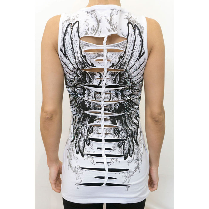 2278 Women's Angel Wings White V Neck Top