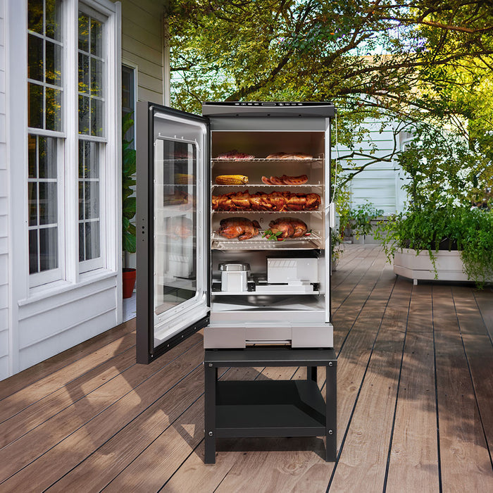 East Oak 30-inch electric smoker outdoors with a grill cover, ideal for smoking brisket, pork butt, and creating delicious beef jerky. The ultimate smoker BBQ smoker for your backyard.