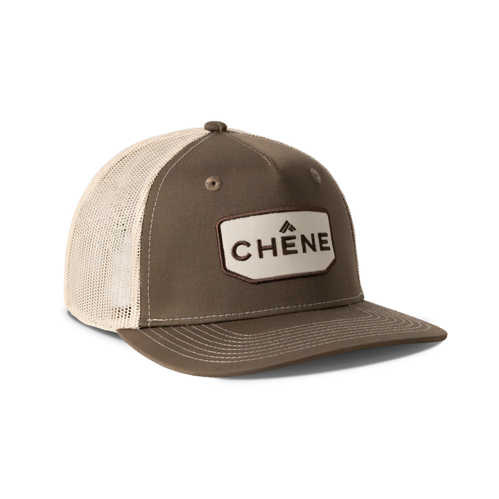 Front view of Brown and Tan colored hat with Chêne Logo #brown_/_tan