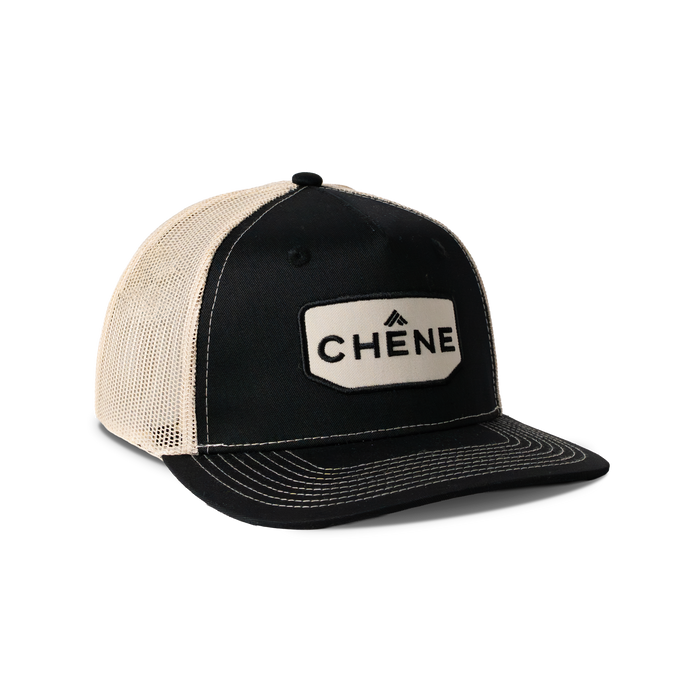 Front view of Black and Natural colored hat with Chêne Logo #black_/_natural
