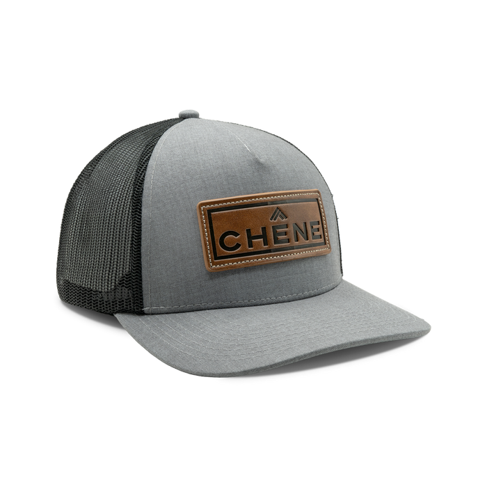 5-Panel Leather Patch Cap in Heather Gray / Black, front view #heather_gray_/_black