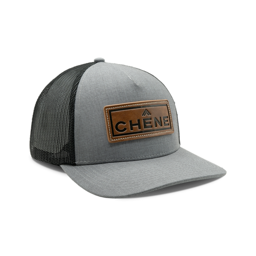 5-Panel Leather Patch Cap in Heather Gray / Black, front view #heather_gray_/_black