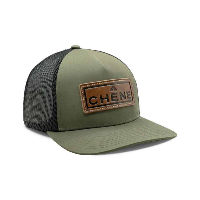 5-Panel Leather Patch Cap in Loden / Black, front view #loden_/_black