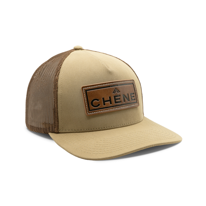 5-Panel Leather Patch Cap in Khaki / Coffee, front view #khaki_/_coffee