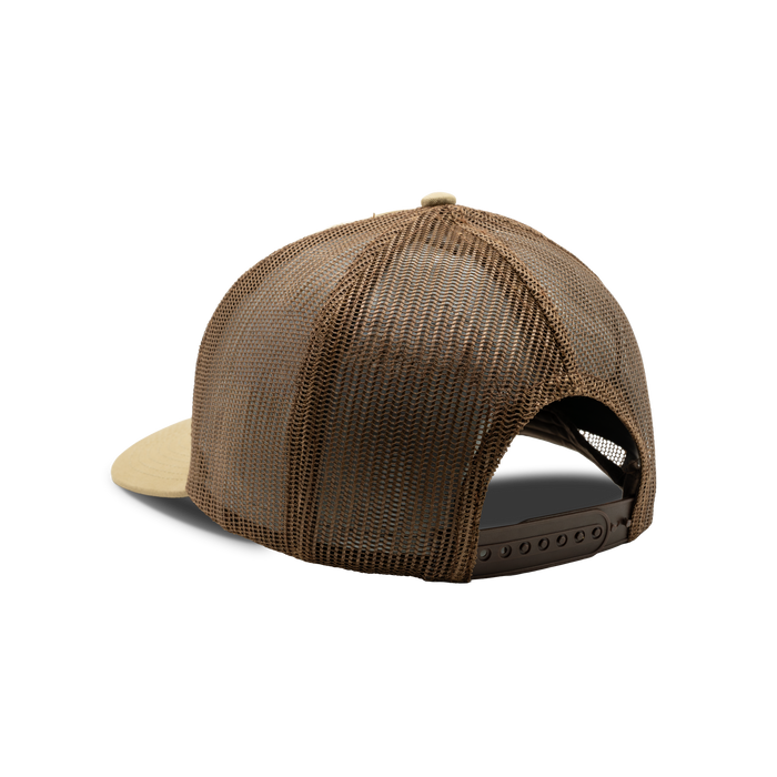 5-Panel Leather Patch Cap in Khaki / Coffee, back view #khaki_/_coffee