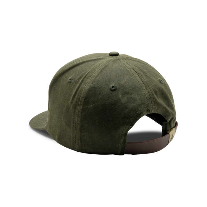 7-Panel Embroidered Waxed Cotton Cap in Dark Olive, back view #dark_olive