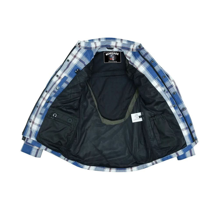 Alpha Check Men's  Armored Motorcycle Flannel Shirt - Blue/White/Maroon