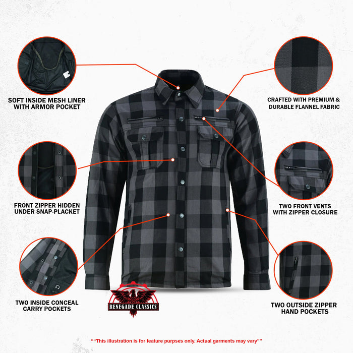Alpha Check Men's  Armored Motorcycle Flannel Shirt - Gray/Black