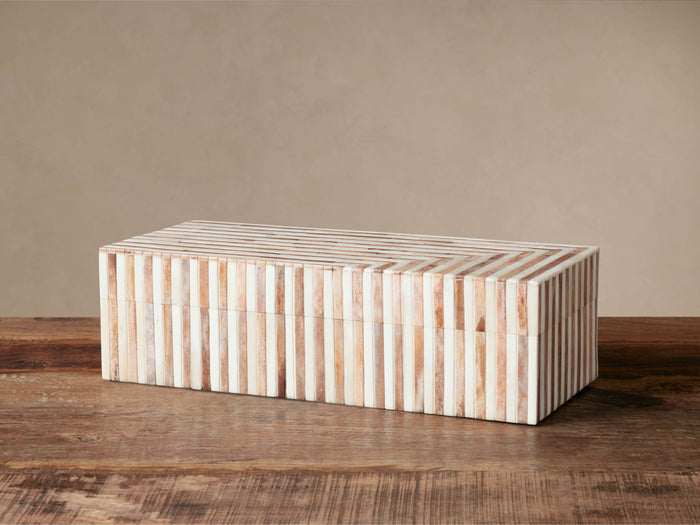 Altan Box, rectangular bone tile inlay, linear white & cream geometric pattern, closed on a rustic wooden table.