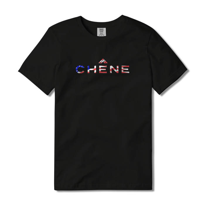 Black t-shirt with red, white, and blue 'CHENE' logo #black