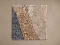 Square rug with an abstract design, featuring textured vertical sections in beige, light brown, and dark grey on a plain background.