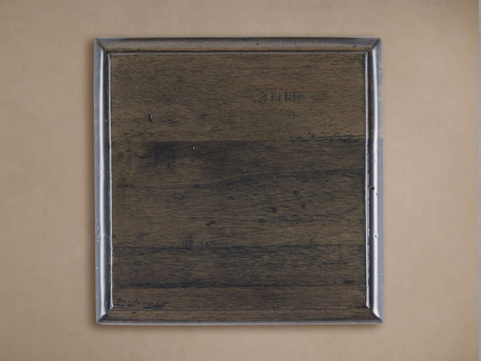 Asolo Finish Board: Dark grayish-brown wood sample with visible grain & distressed texture, framed by a glossy, dark grey beveled edge.