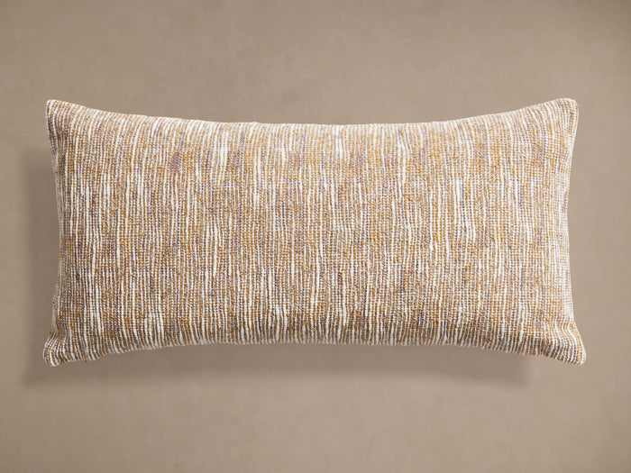 Aubree Chenille Lumbar Pillow, horizontal, with textural golden brown and white subtle stripes on a plain background.