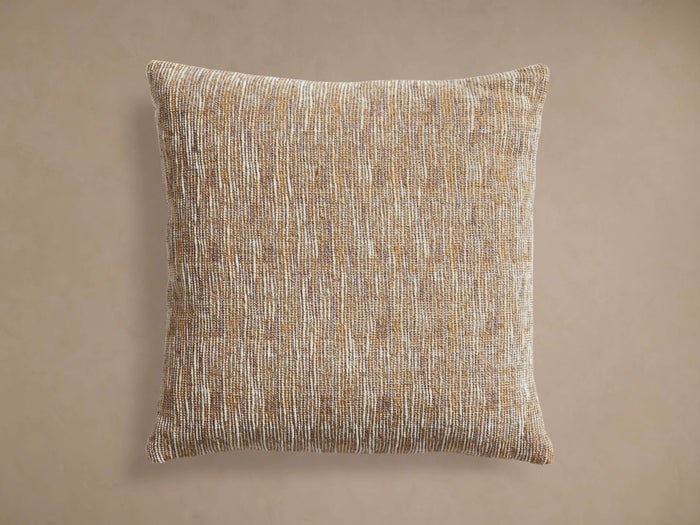 Aubree Chenille Pillow, square, textured with vertical stripes in gold, cream, and brown, centered on beige.