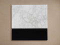 Aviana Finish Board. A rectangular sample with a white marble top and a solid black bottom section, against a beige wall.
