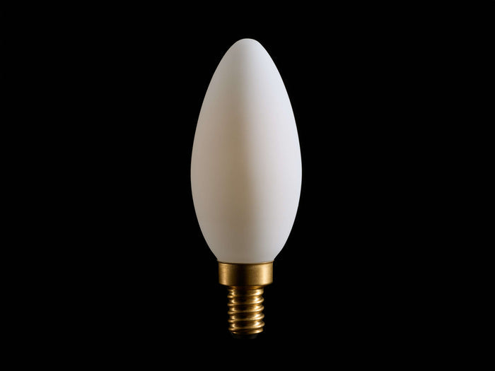 A white, teardrop-shaped LED bulb with a gold screw base, displayed against a black background.