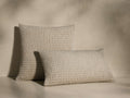 Front view of two brown and off-white speckled Beidler Pillows with a mini pebbled jacquard pattern, one upright, one leaning.