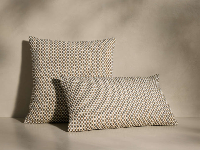 Front view of two brown and off-white speckled Beidler Pillows with a mini pebbled jacquard pattern, one upright, one leaning.