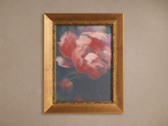 Vertical Blushing print: pink botanical flower on a dark background in an ornate, distressed antique gold frame.