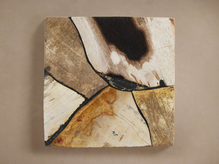 Square Boracay Finish Board showing abstract wood grain patterns in shades of black, white, brown, and golden-brown, separated by dark lines.