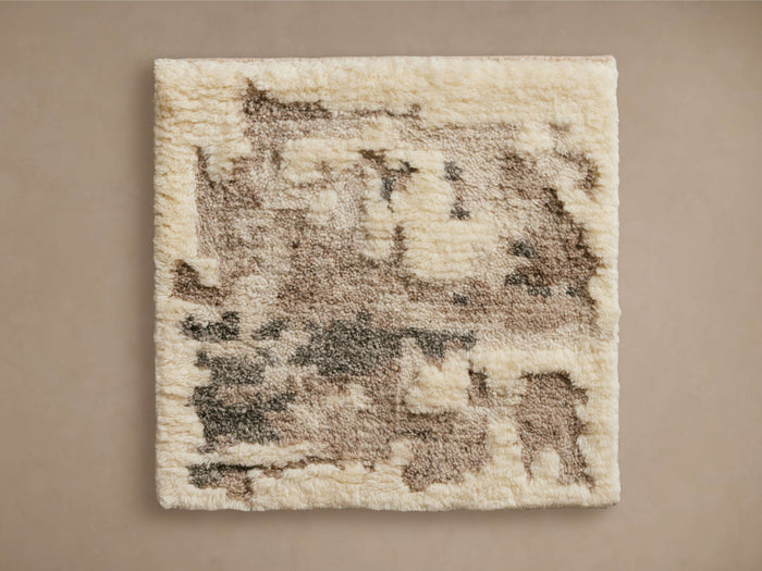 Bozeman Hand-Knotted Rug Swatch with a soft beige and brown abstract pattern and a textured surface on a neutral background.