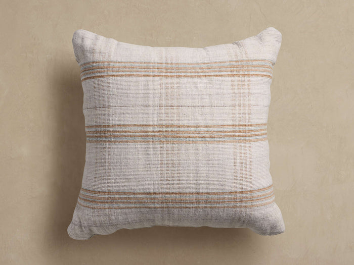 Brescia Outdoor Floor Pillow, square, light off-white with horizontal brown stripes and subtle grid pattern, woven texture.