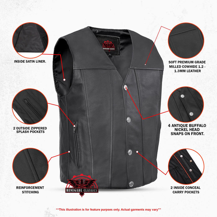 Buffalo Nickel Black Leather Vest for Men - Customizable Back & Satin Liner
