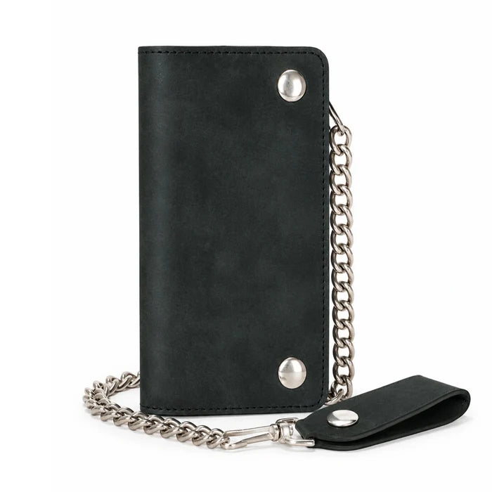 BWC238 Matte Black Biker Leather Wallet with Chain