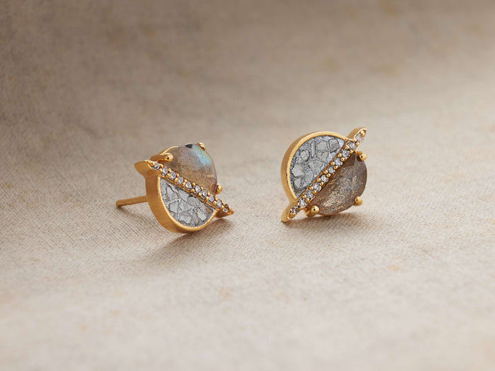 Cairn Stud Earrings with mosaic of raw diamonds and labradorite, set in gold vermeil, featuring champagne diamond accents.