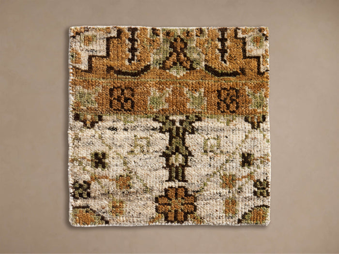 Winslet Hand-Knotted Rug Swatch, rectangular. Features traditional brown, olive green, & cream geometric pattern.