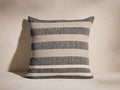 Ciscero Pillow, square, with crisp horizontal stripes in alternating light beige and dark grey. Woven linen texture.