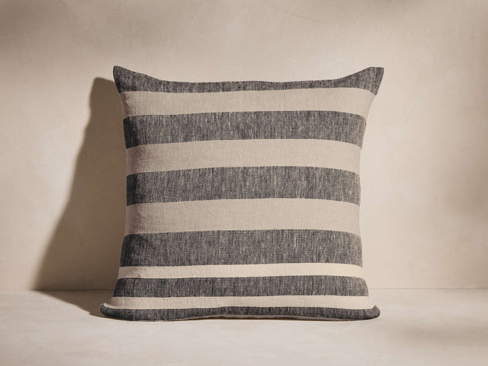 Ciscero Pillow, square, with crisp horizontal stripes in alternating light beige and dark grey. Woven linen texture.
