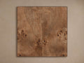 Corey Finish Board, a square natural wood board with rich medium brown tones, intricate burl wood grain, and dark finished edges.