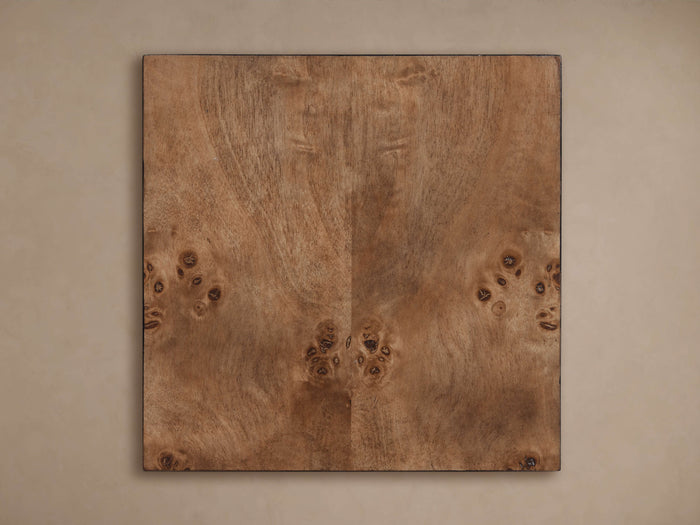 Corey Finish Board, a square natural wood board with rich medium brown tones, intricate burl wood grain, and dark finished edges.
