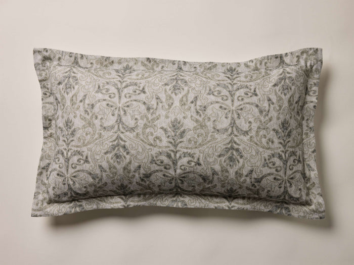 Front view of a light gray Corinne Sham with a sage green damask pattern and hemmed edges.