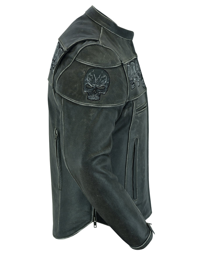 Distressed Reflective Skull Leather Jacket