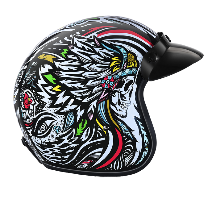 DOT Approved Daytona Cruiser Open Face Motorcycle Helmet - Men, Women & Youth - With Visor & Graphics - W/ Tribal
