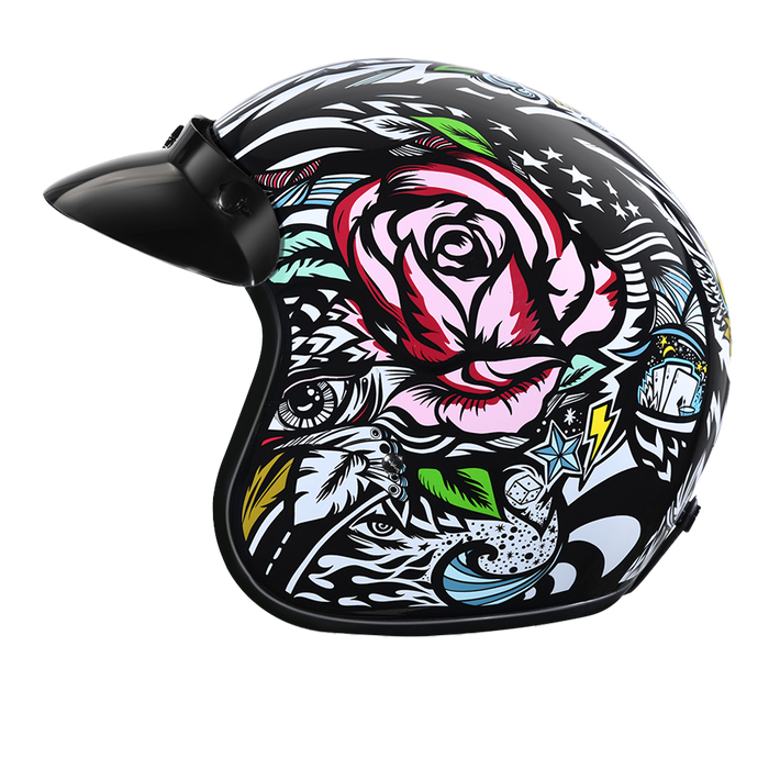 DOT Approved Daytona Cruiser Open Face Motorcycle Helmet - Men, Women & Youth - With Visor & Graphics - W/ Tribal