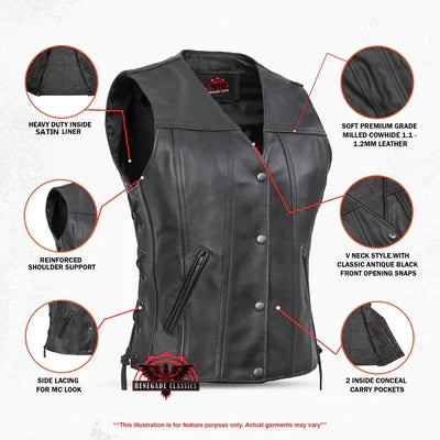 Ella Women's leather motorcycle vest -  Black