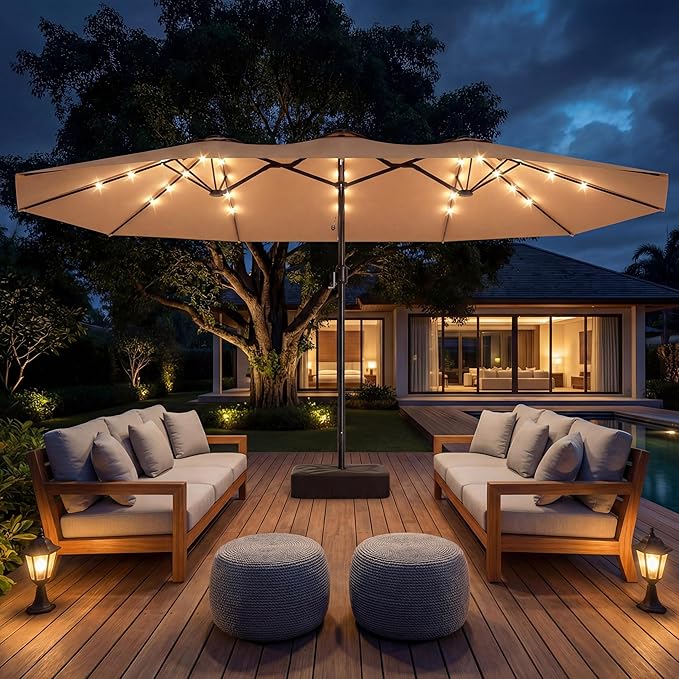 EO Living 15ft Large Patio Umbrella with Solar Lights, Beige