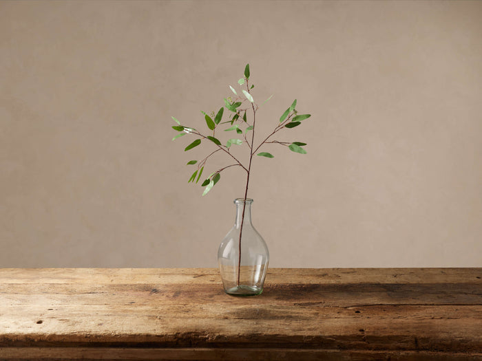 Faux Seeded Eucalyptus Stem in clear vase on rustic wooden table against a tan wall. Green leaves, small seed pods.