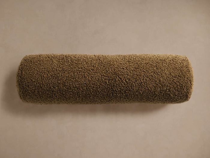 Olive Faux Sherpa Bolster Pillow, cylindrical, with a plush, textured surface, lying horizontally on a neutral background.