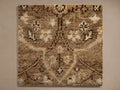 Overhead view of a square rug with a dense, looped texture, featuring an intricate traditional pattern in shades of brown, beige, and cream.