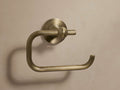 Fulton Toilet Paper Holder in antique brass, mounted on wall. Features an open end with a slight curve and round base.