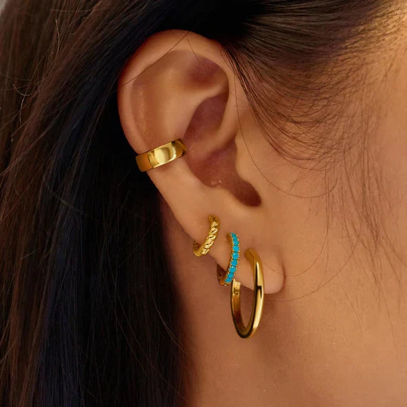Gold Aqua Blue Row Huggie Hoop Earrings