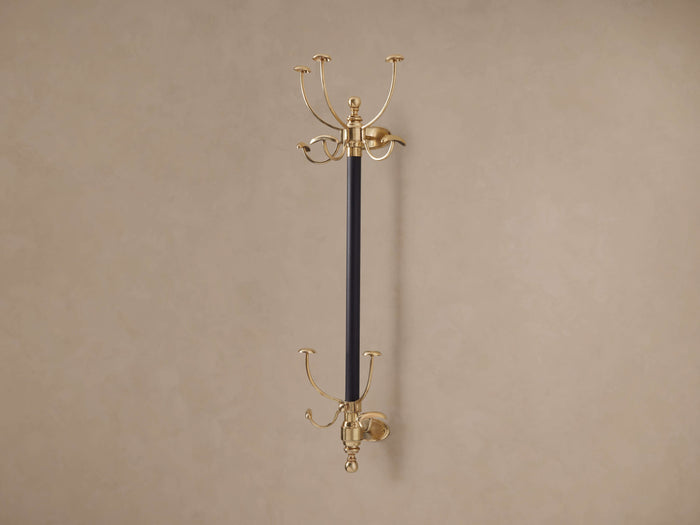 Grand Chester 2-Tier Hook in Gold, wall-mounted. Features a black vertical bar with two sets of five curved gold hooks.