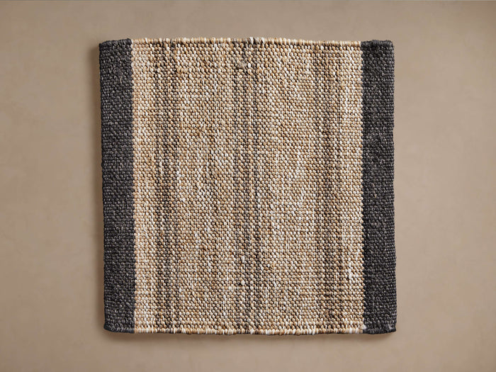 Grover Outdoor Rug Swatch, tightly woven natural beige and dark charcoal grey with vertical striped pattern.