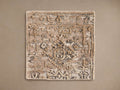 Harlowe Rug Swatch: Rectangular sample, raised beige, ivory & brown intricate pattern on a distressed base.