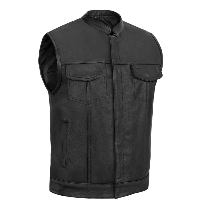 Highway Jack Men's Black Leather Motorcycle Vest Scoop Neck & Snap-Closure Pockets