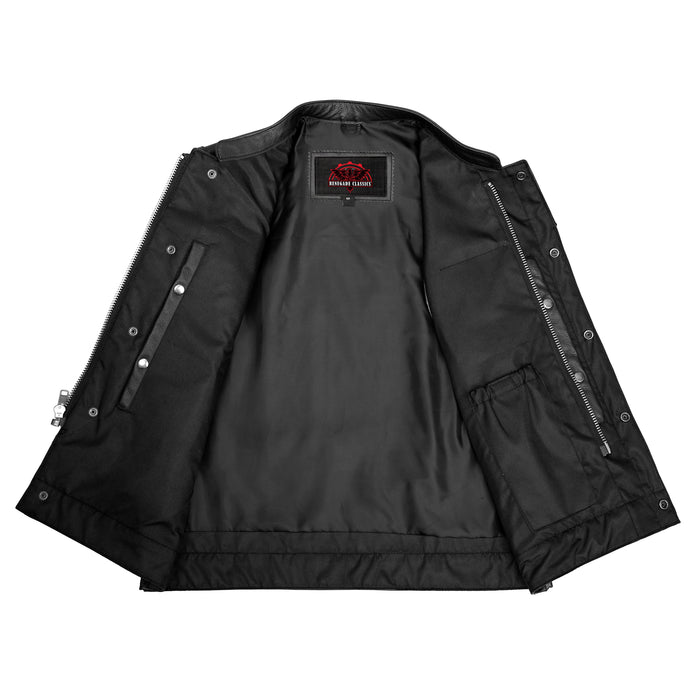 Highway Jack Men's Black Leather Motorcycle Vest Scoop Neck & Snap-Closure Pockets